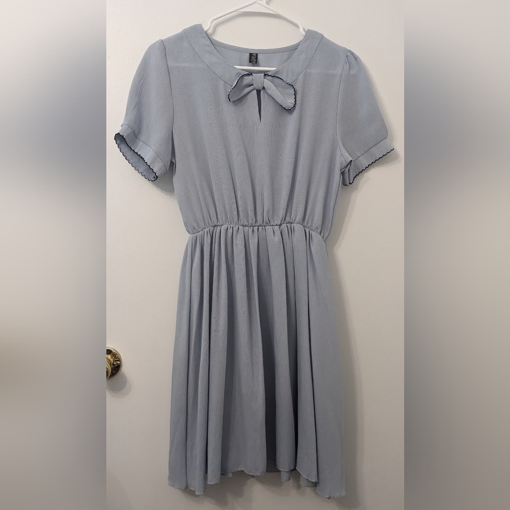 Nadasha Light Blue Dress with Elasticized Waist, Scallop Details, and Bow